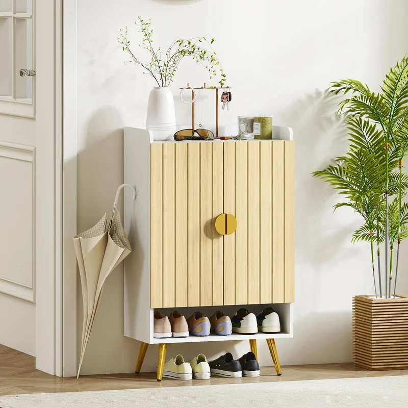 Entryway Shoe Storage Cabinet, Adjustable Shelves, Open Shelf, 15 Pairs, Natural