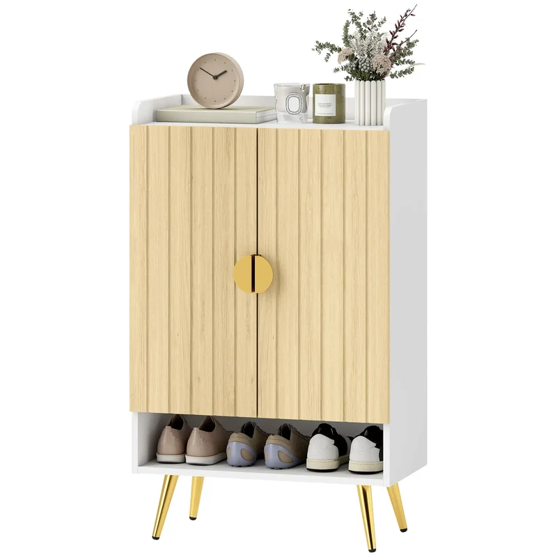 Entryway Shoe Storage Cabinet, Adjustable Shelves, Open Shelf, 15 Pairs, Natural