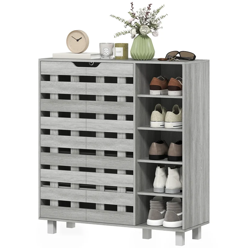 21 Pair Shoe Cabinet, 5-Tier Double Door, Light Grey
