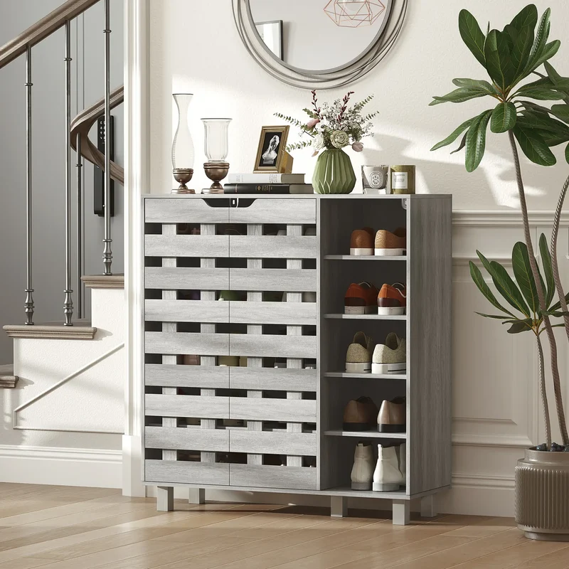 21 Pair Shoe Cabinet, 5-Tier Double Door, Light Grey