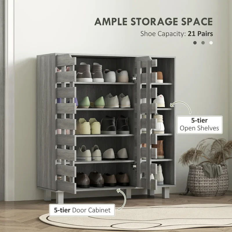 21 Pair Shoe Cabinet, 5-Tier Double Door, Light Grey