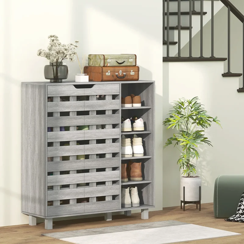 21 Pair Shoe Cabinet, 5-Tier Double Door, Light Grey