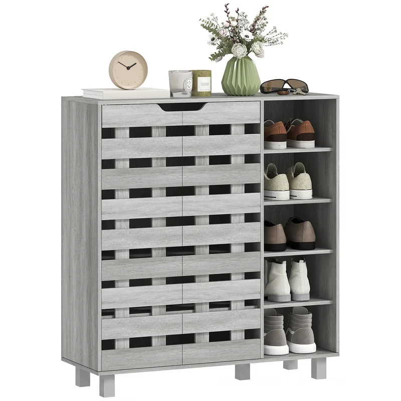 21 Pair Shoe Cabinet, 5-Tier Double Door, Light Grey