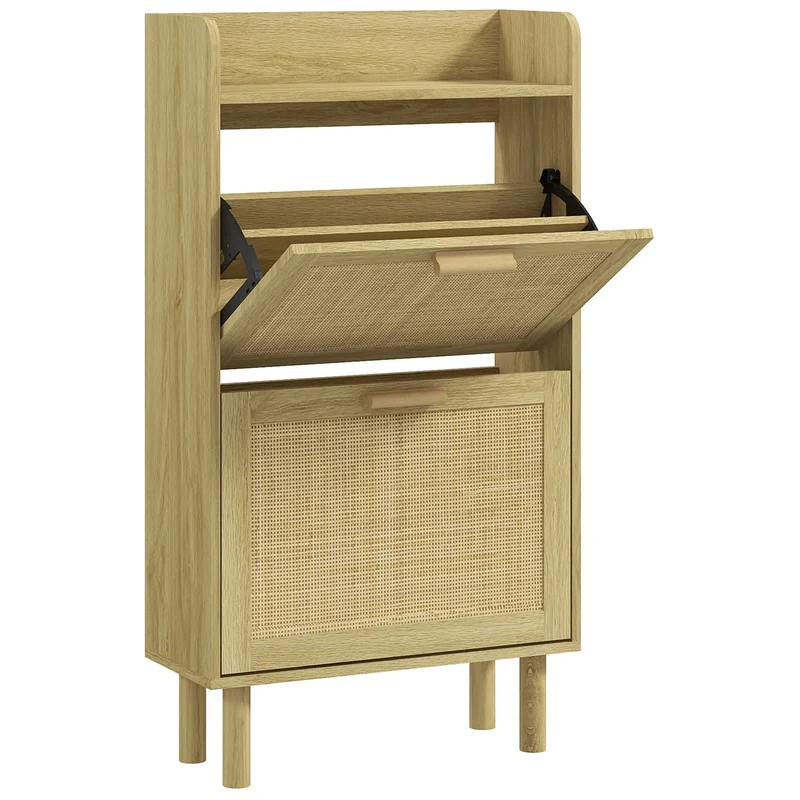 Slim Shoe Storage, 2 Flip Drawers, Adjustable Shelves, 12 Pair, Oak