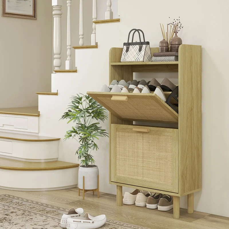 Slim Shoe Storage, 2 Flip Drawers, Adjustable Shelves, 12 Pair, Oak