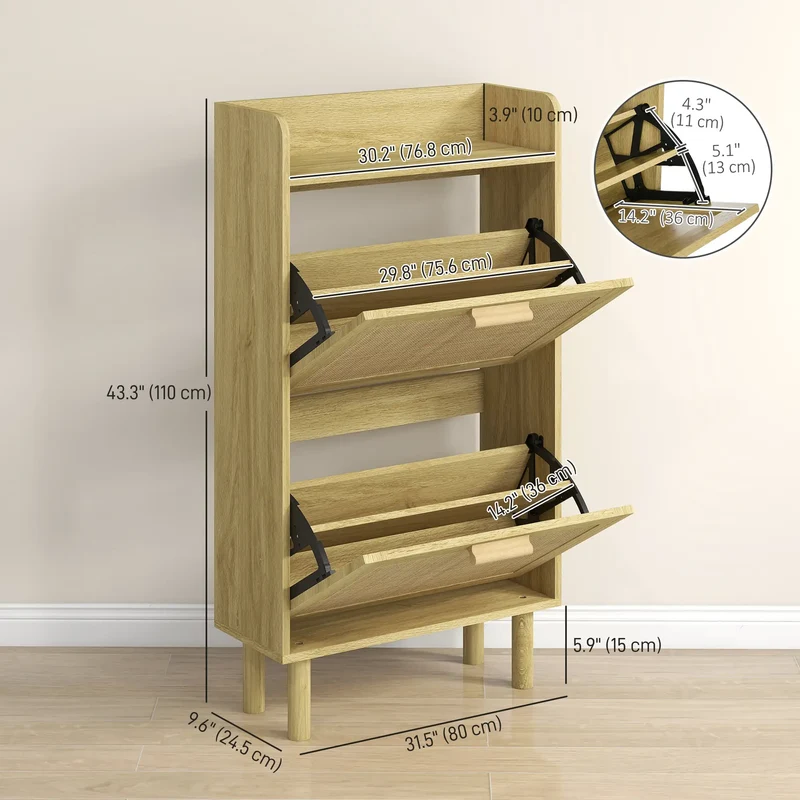 Slim Shoe Storage, 2 Flip Drawers, Adjustable Shelves, 12 Pair, Oak