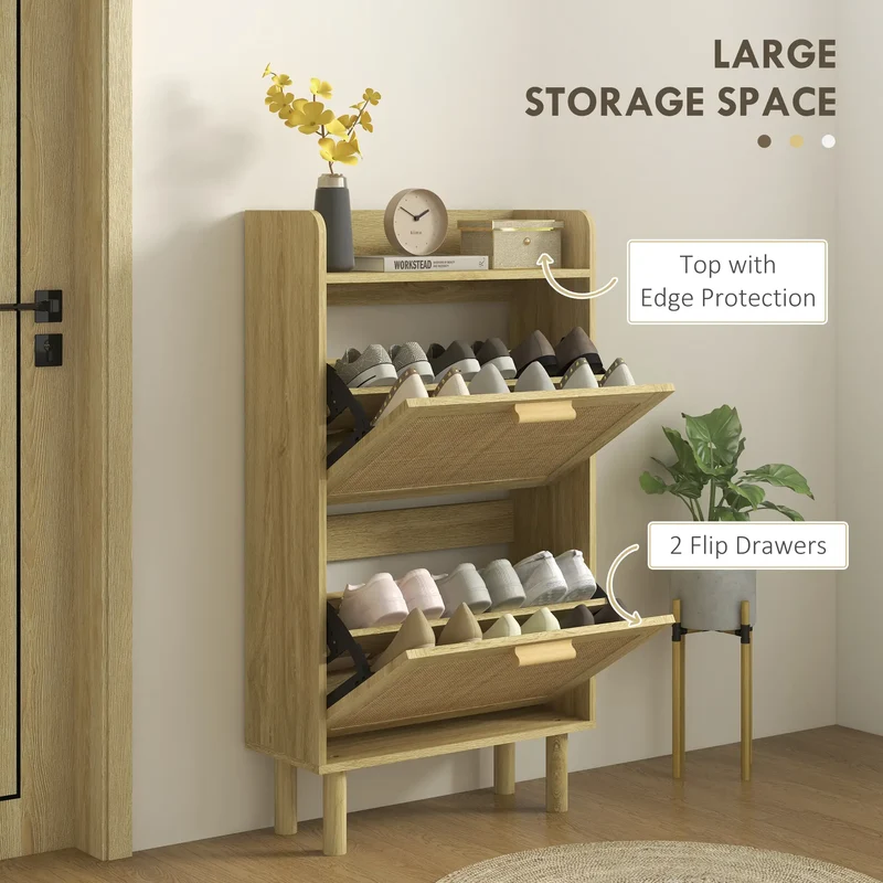 Slim Shoe Storage, 2 Flip Drawers, Adjustable Shelves, 12 Pair, Oak