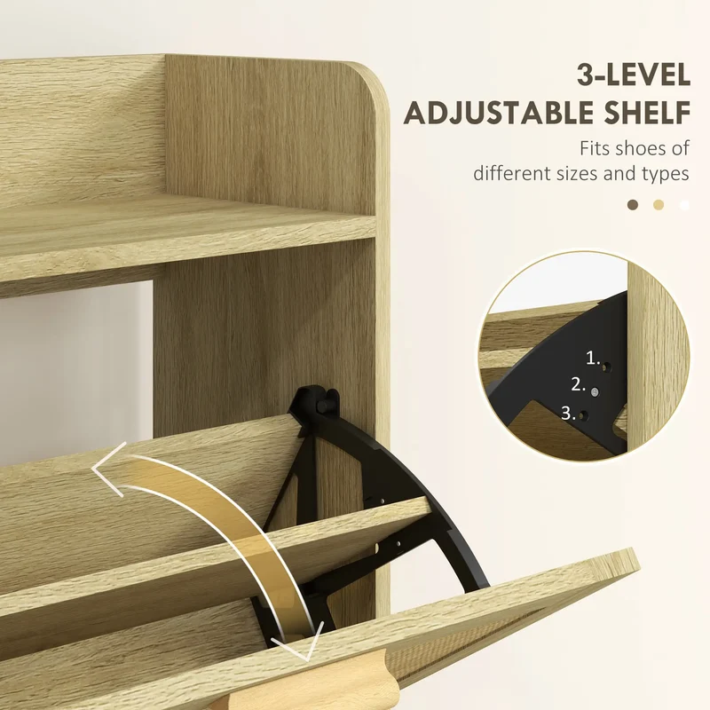 Slim Shoe Storage, 2 Flip Drawers, Adjustable Shelves, 12 Pair, Oak