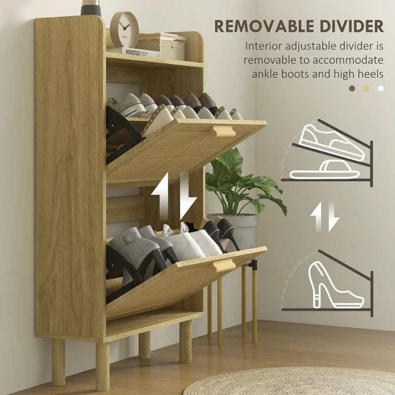 Slim Shoe Storage, 2 Flip Drawers, Adjustable Shelves, 12 Pair, Oak