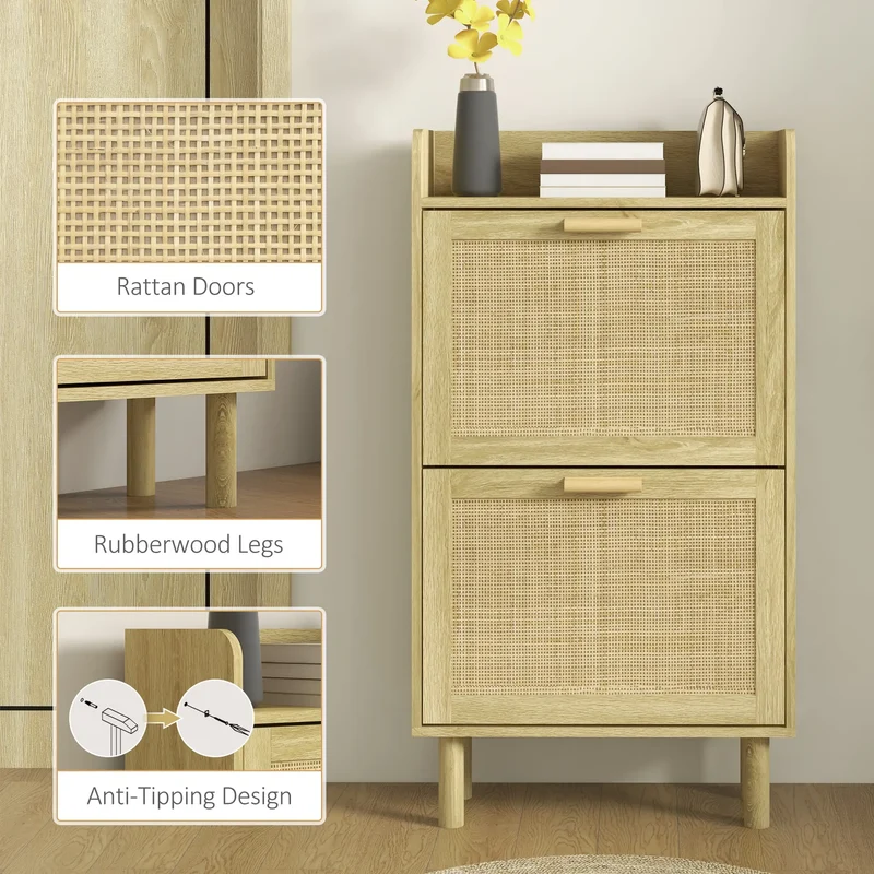 Slim Shoe Storage, 2 Flip Drawers, Adjustable Shelves, 12 Pair, Oak