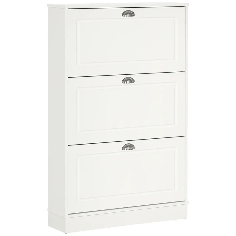 Shoe Cabinet, 3 Flip Drawers, Narrow, Holds 12 Pairs, White