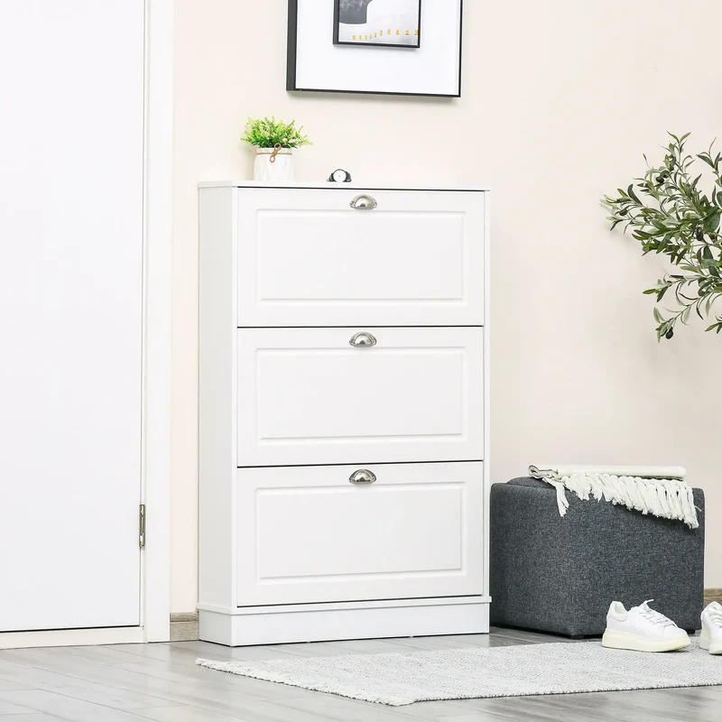 Shoe Cabinet, 3 Flip Drawers, Narrow, Holds 12 Pairs, White