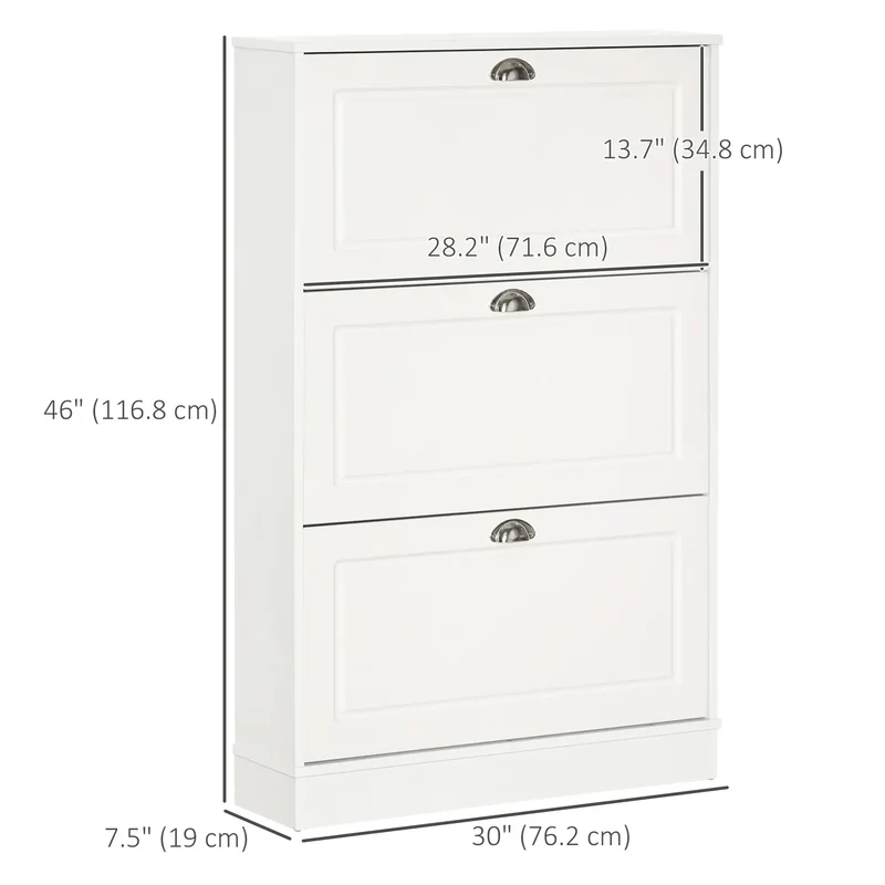 Shoe Cabinet, 3 Flip Drawers, Narrow, Holds 12 Pairs, White
