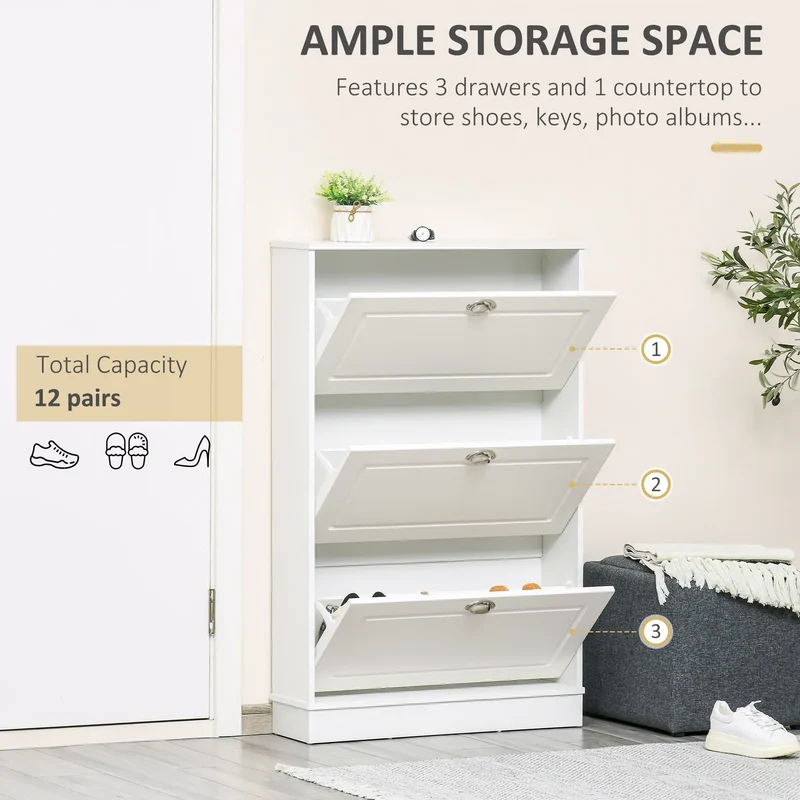 Shoe Cabinet, 3 Flip Drawers, Narrow, Holds 12 Pairs, White