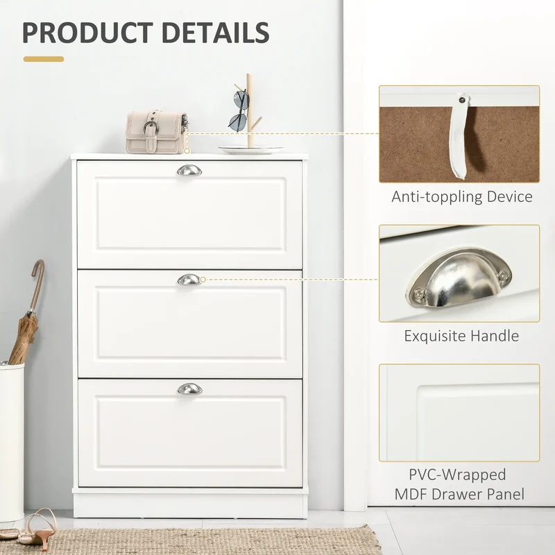 Shoe Cabinet, 3 Flip Drawers, Narrow, Holds 12 Pairs, White