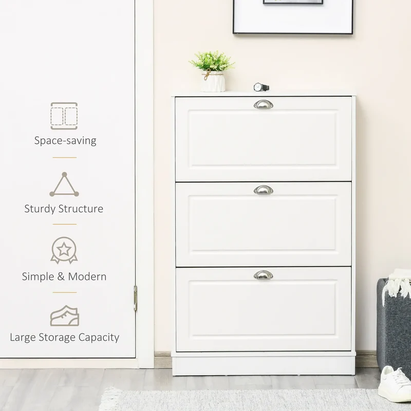 Shoe Cabinet, 3 Flip Drawers, Narrow, Holds 12 Pairs, White