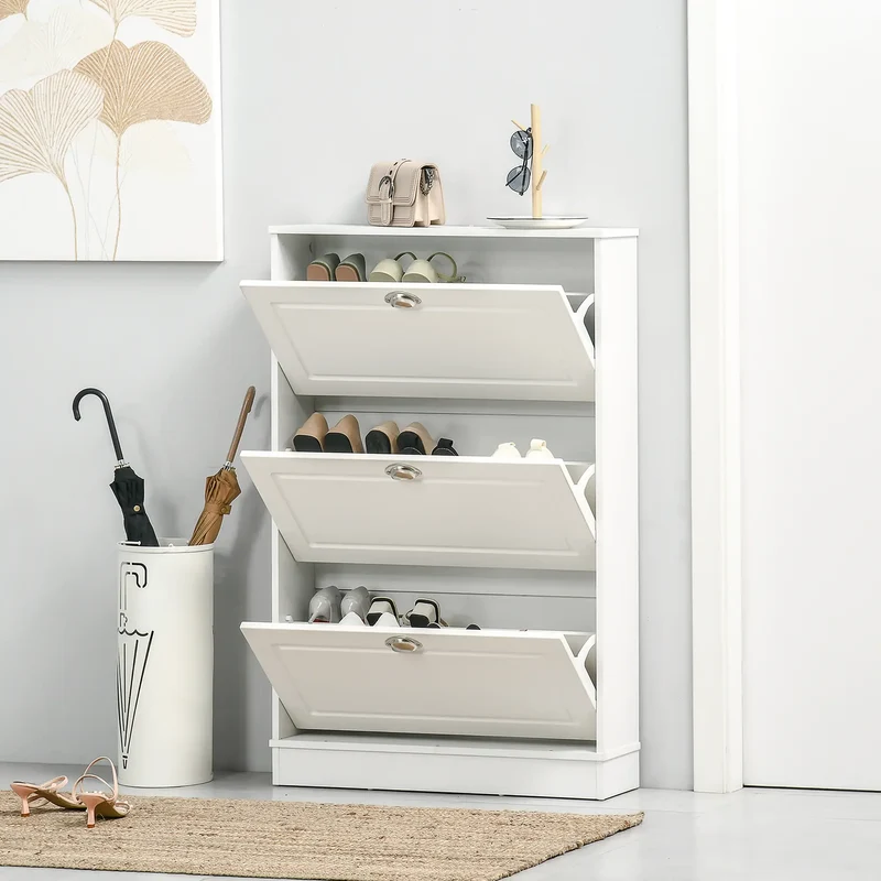 Shoe Cabinet, 3 Flip Drawers, Narrow, Holds 12 Pairs, White