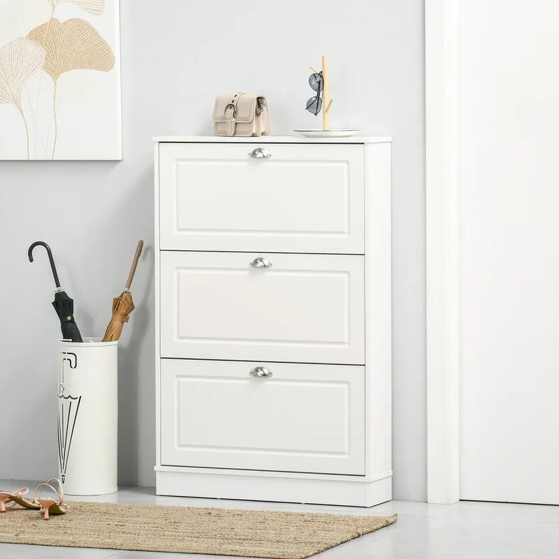 Shoe Cabinet, 3 Flip Drawers, Narrow, Holds 12 Pairs, White