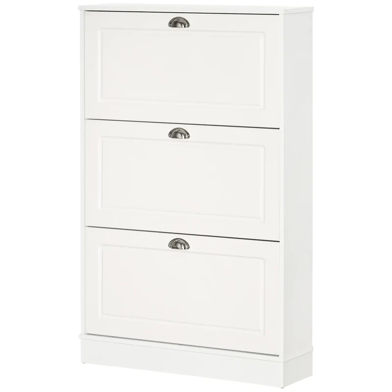 Shoe Cabinet, 3 Flip Drawers, Narrow, Holds 12 Pairs, White