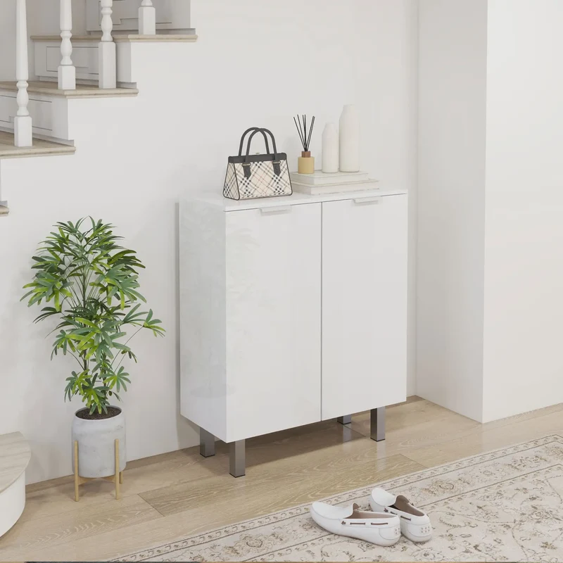 Shoe Storage Cabinet, Soft-Close Hinges, Adjustable Shelves, Holds 15-20 Pairs, High Gloss, White