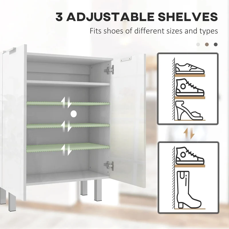 Shoe Storage Cabinet, Soft-Close Hinges, Adjustable Shelves, Holds 15-20 Pairs, High Gloss, White