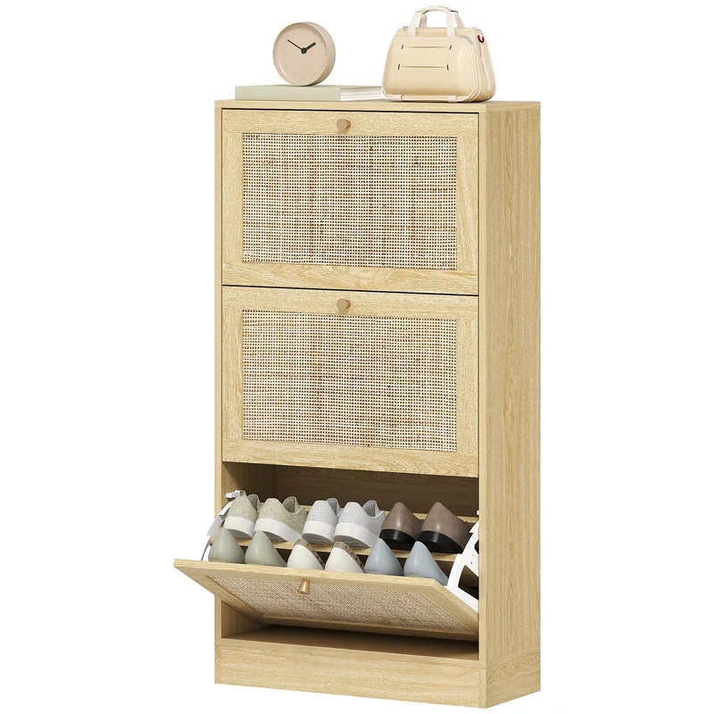 Rattan Shoe Cabinet, 3 Flip Drawers, Adjustable Shelves, 18 Pairs, Oak