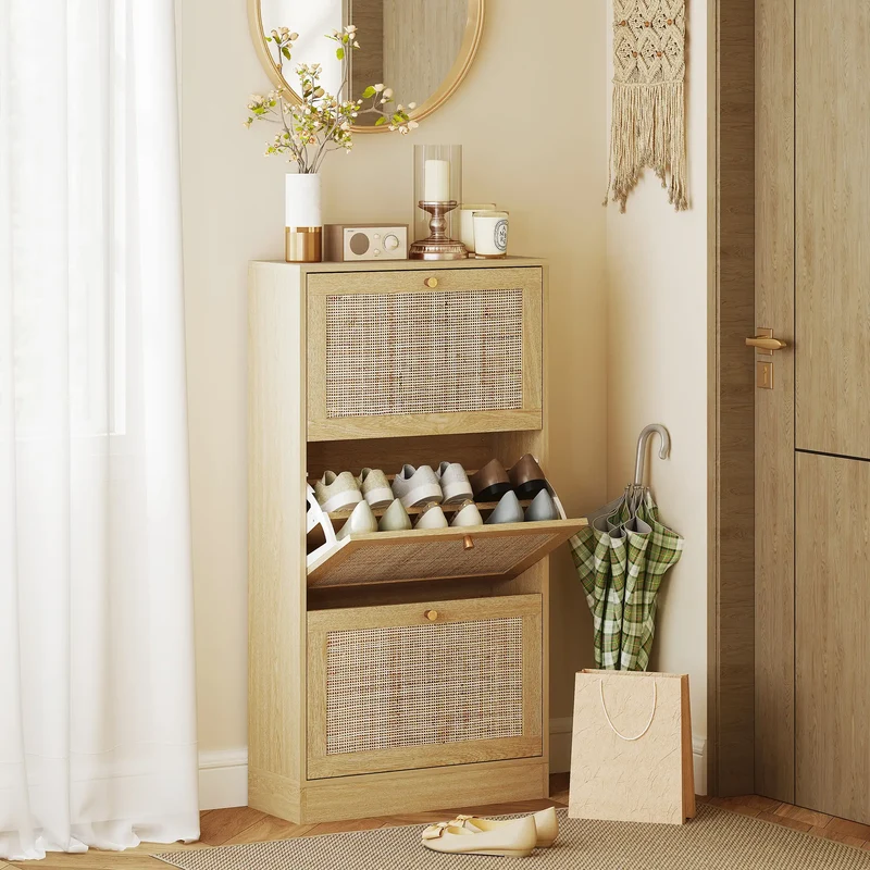 Rattan Shoe Cabinet, 3 Flip Drawers, Adjustable Shelves, 18 Pairs, Oak