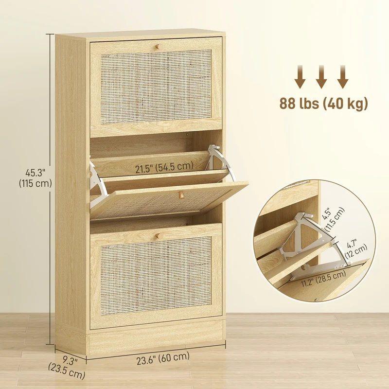 Rattan Shoe Cabinet, 3 Flip Drawers, Adjustable Shelves, 18 Pairs, Oak