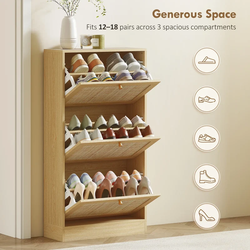 Rattan Shoe Cabinet, 3 Flip Drawers, Adjustable Shelves, 18 Pairs, Oak