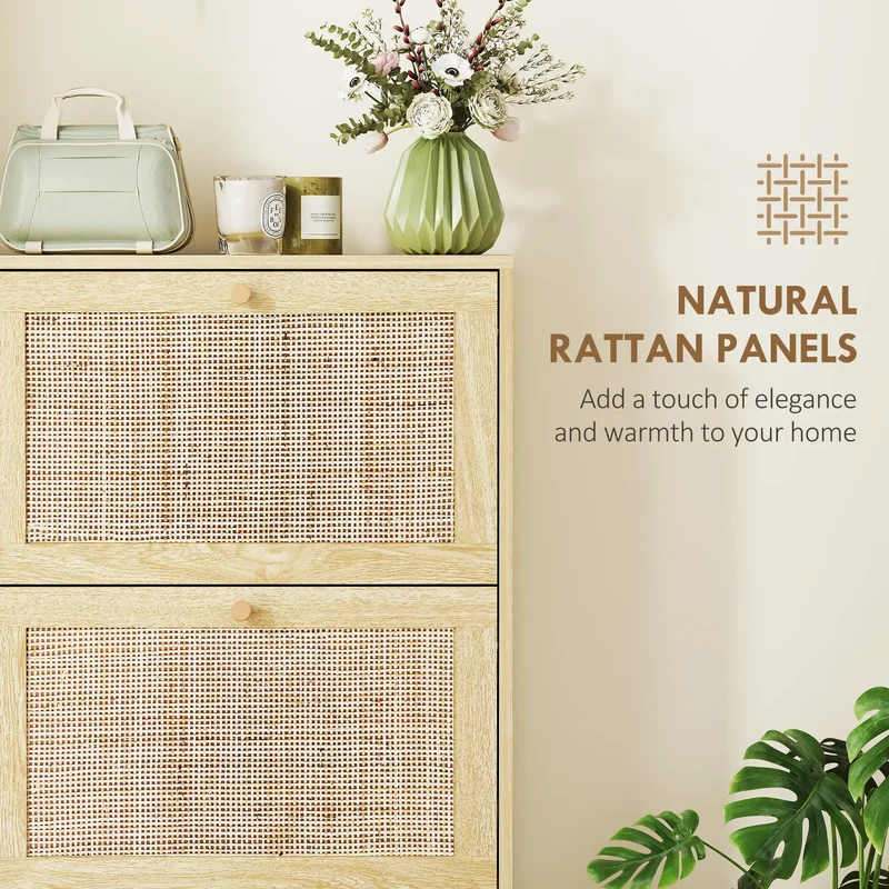 Rattan Shoe Cabinet, 3 Flip Drawers, Adjustable Shelves, 18 Pairs, Oak