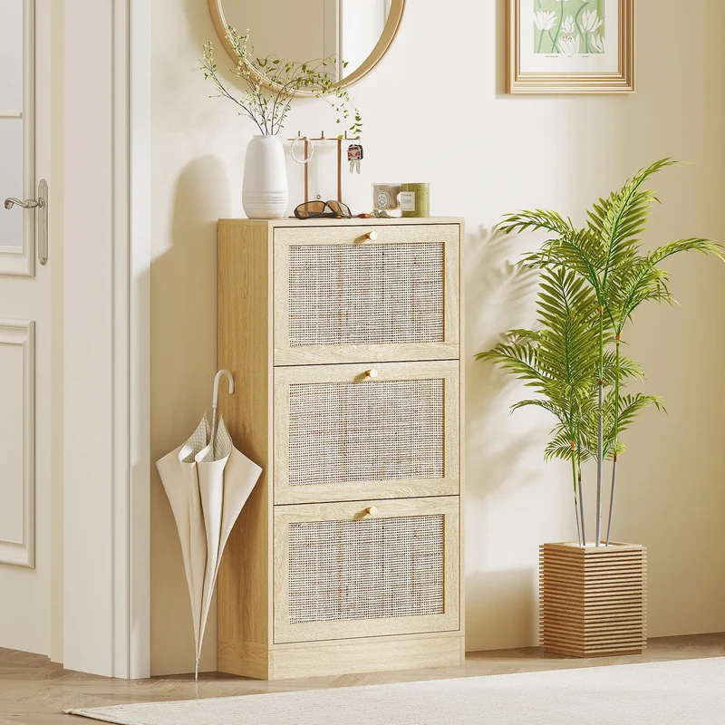 Rattan Shoe Cabinet, 3 Flip Drawers, Adjustable Shelves, 18 Pairs, Oak