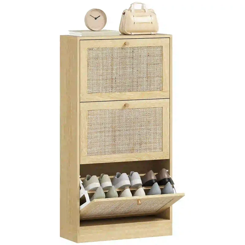 Rattan Shoe Cabinet, 3 Flip Drawers, Adjustable Shelves, 18 Pairs, Oak