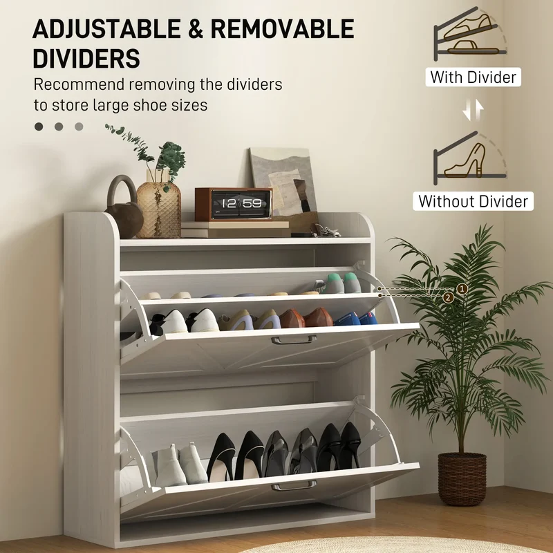 Narrow Shoe Storage Cabinet, 2 Flip Drawers, Adjustable Shelves, White Oak