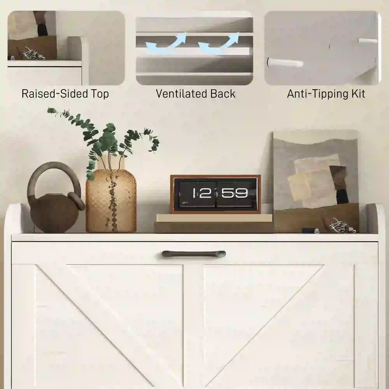 Narrow Shoe Storage Cabinet, 2 Flip Drawers, Adjustable Shelves, White Oak