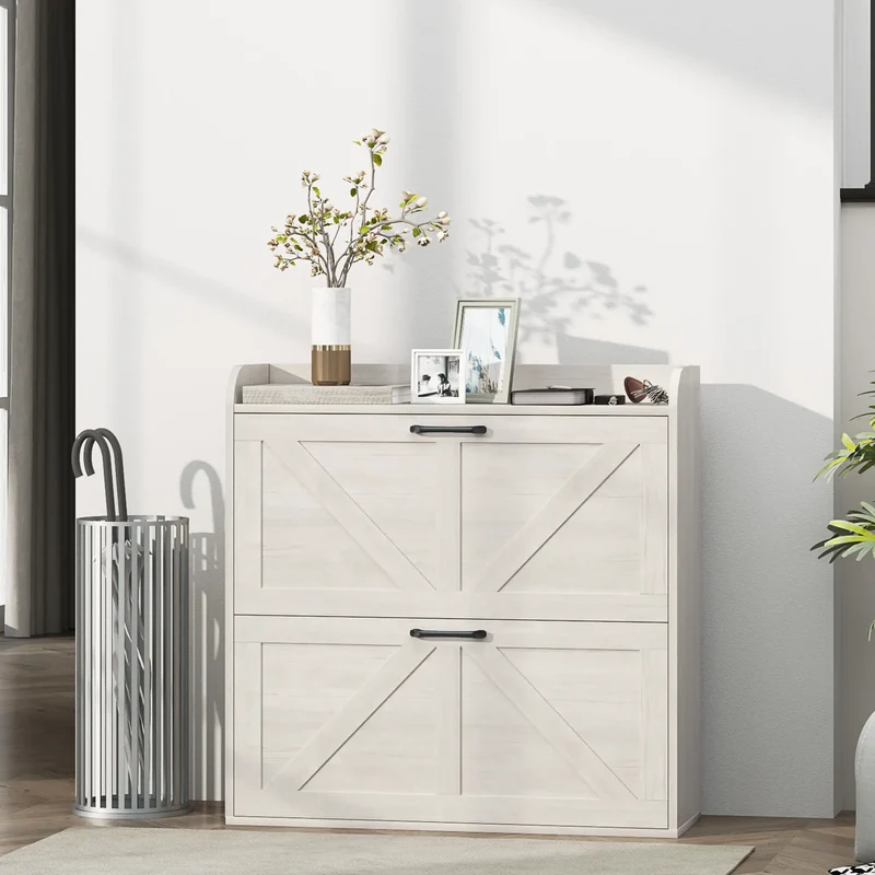 Narrow Shoe Storage Cabinet, 2 Flip Drawers, Adjustable Shelves, White Oak