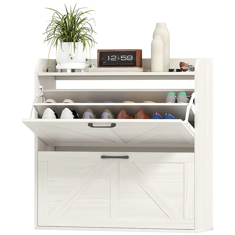 Narrow Shoe Storage Cabinet, 2 Flip Drawers, Adjustable Shelves, White Oak