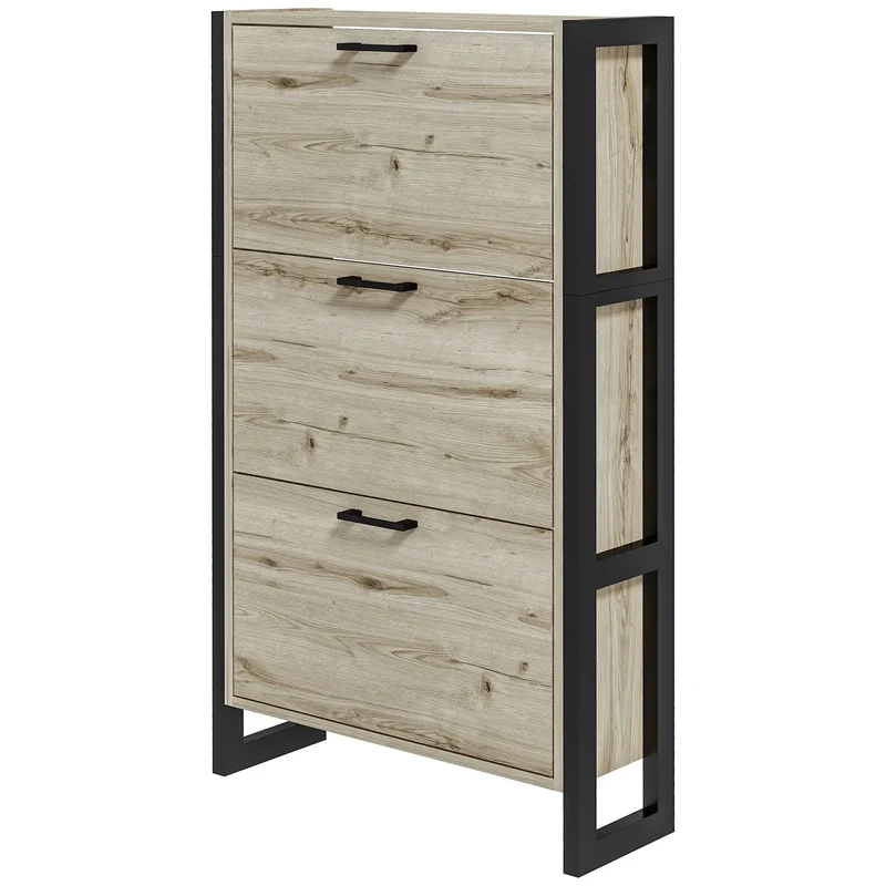 Shoe Cabinet, 3 Flip Drawer, Narrow for 15 Pairs, Walnut