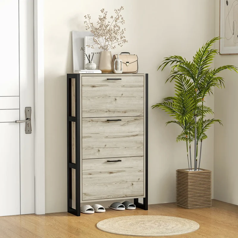 Shoe Cabinet, 3 Flip Drawer, Narrow for 15 Pairs, Walnut