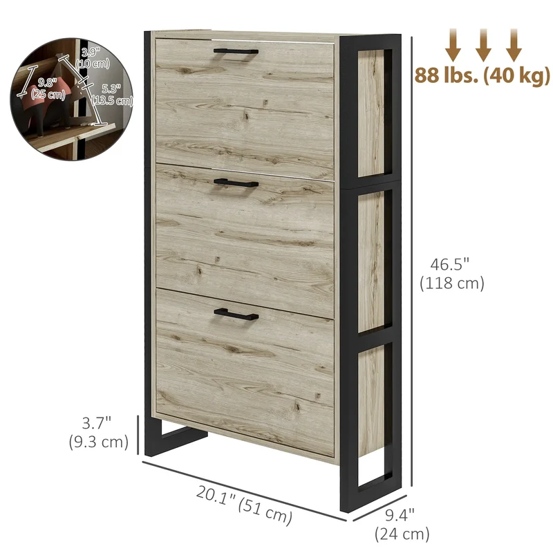 Shoe Cabinet, 3 Flip Drawer, Narrow for 15 Pairs, Walnut