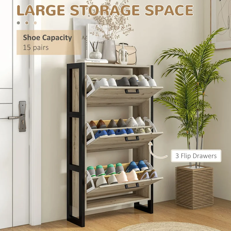 Shoe Cabinet, 3 Flip Drawer, Narrow for 15 Pairs, Walnut