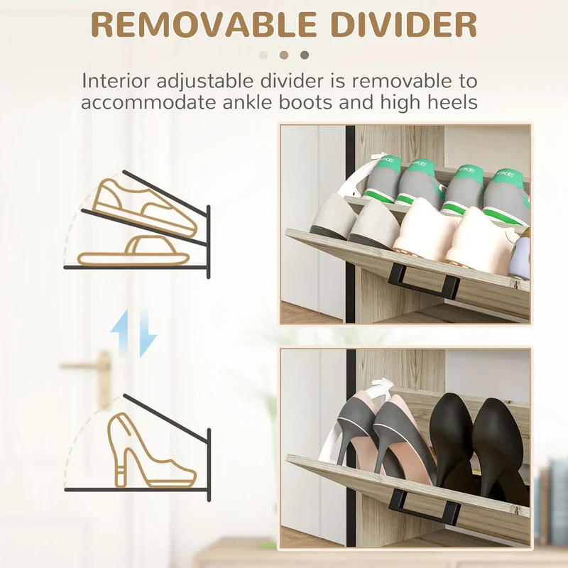 Shoe Cabinet, 3 Flip Drawer, Narrow for 15 Pairs, Walnut
