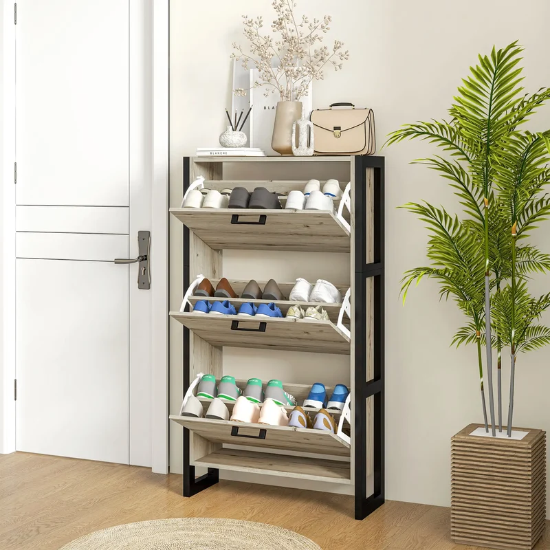 Shoe Cabinet, 3 Flip Drawer, Narrow for 15 Pairs, Walnut