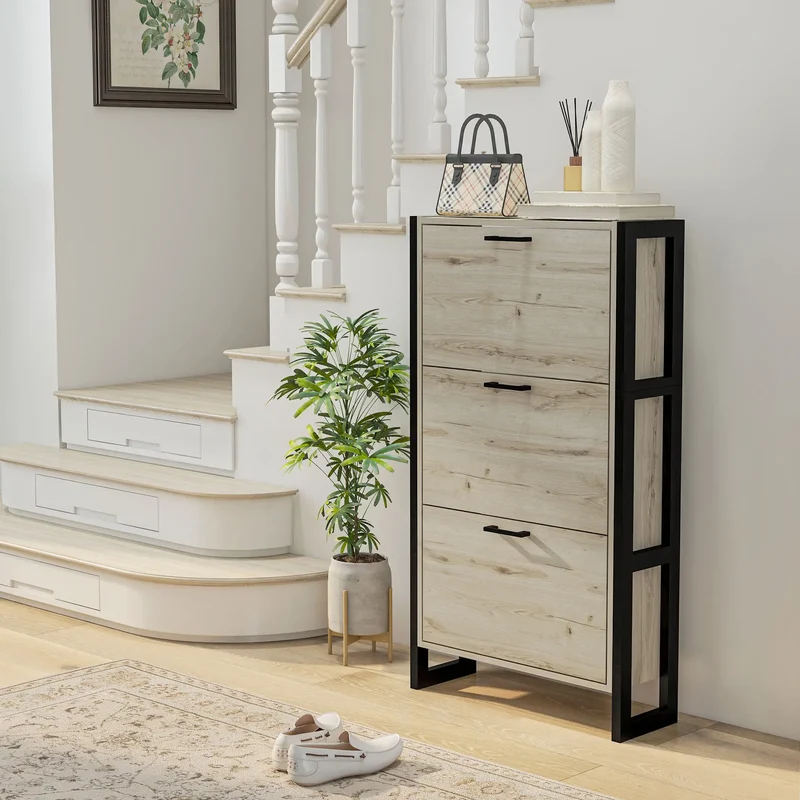 Shoe Cabinet, 3 Flip Drawer, Narrow for 15 Pairs, Walnut
