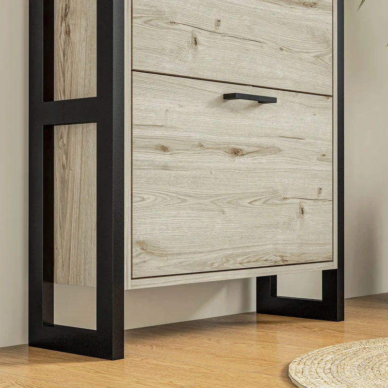 Shoe Cabinet, 3 Flip Drawer, Narrow for 15 Pairs, Walnut