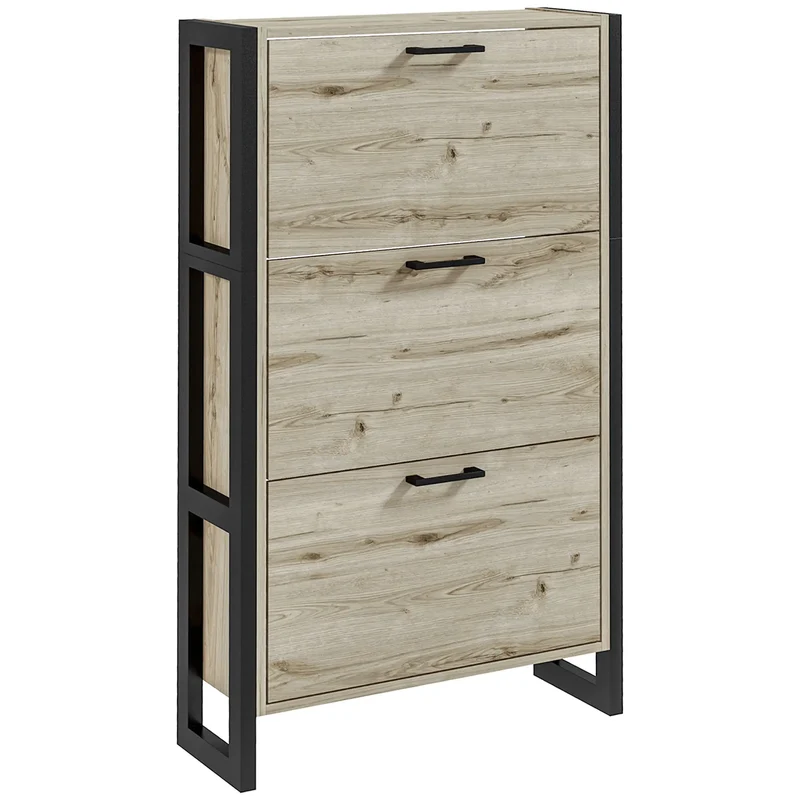 Shoe Cabinet, 3 Flip Drawer, Narrow for 15 Pairs, Walnut