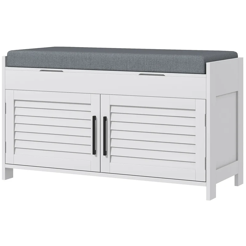 Entryway Bench with Cushion, Hidden Storage, 35.4", White