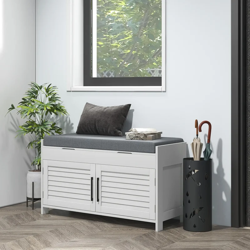 Entryway Bench with Cushion, Hidden Storage, 35.4", White