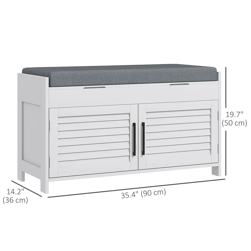 Entryway Bench with Cushion, Hidden Storage, 35.4", White