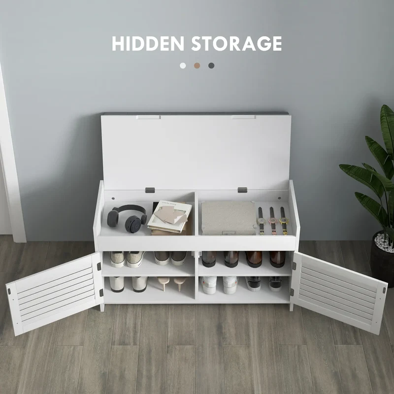 Entryway Bench with Cushion, Hidden Storage, 35.4", White