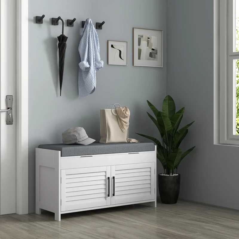 Entryway Bench with Cushion, Hidden Storage, 35.4", White